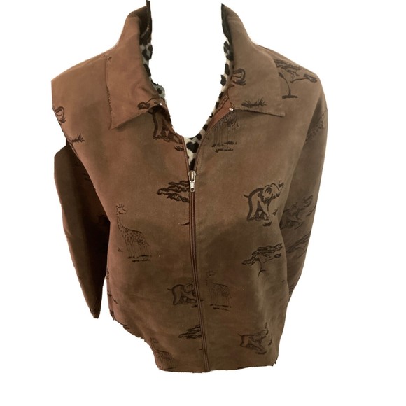 Kenneth Too 2 piece set brown PXL zip up long sleeve collared pants animal print - Picture 2 of 10